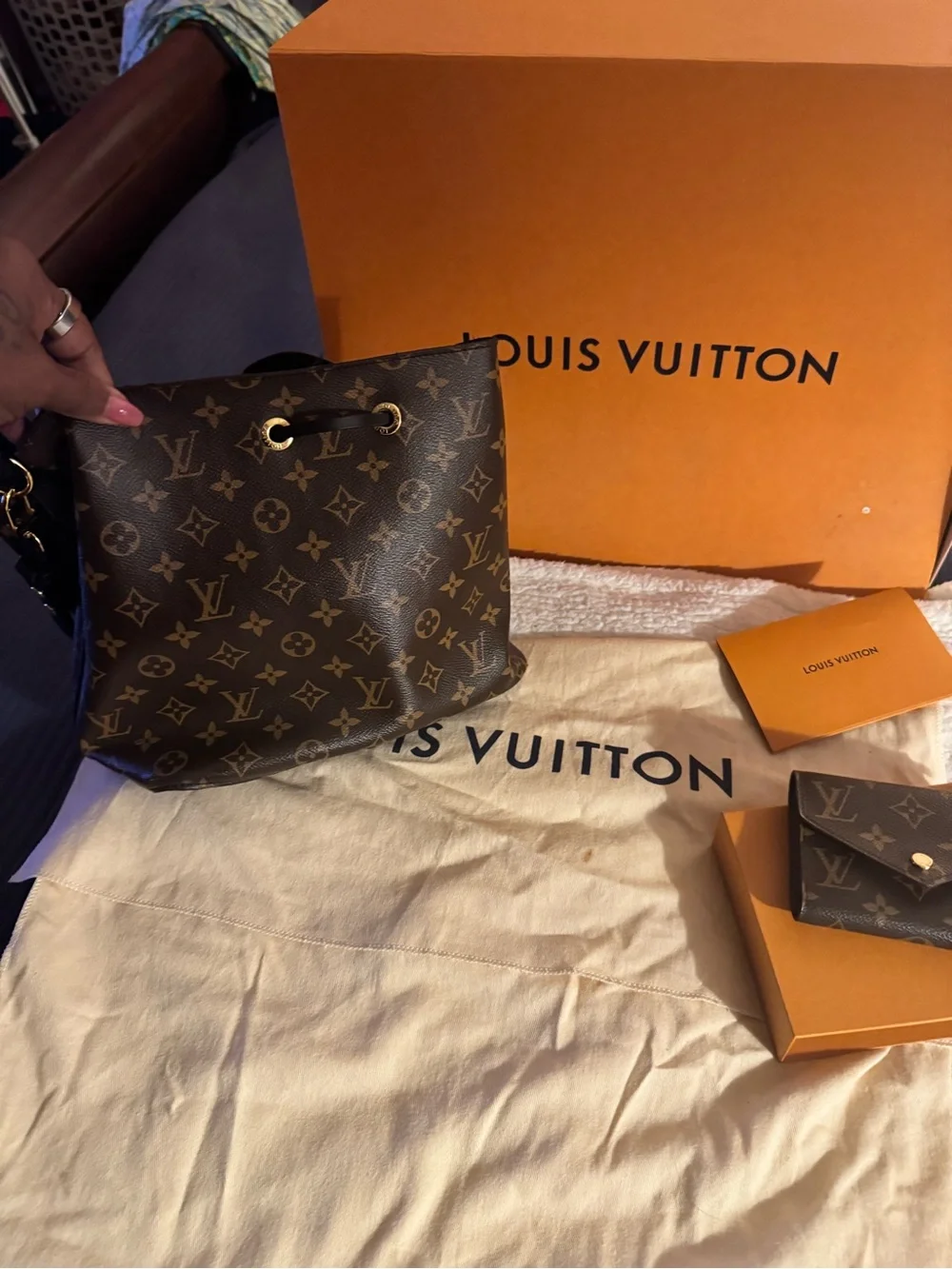 Louis Vuitton Monogram Petite Noe Bucket Bag in Brown with Gold Hardware